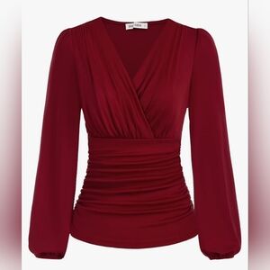 Grace Karin Red Long Sleeve Ruched Wrap Blouse with Plunge Neckline.